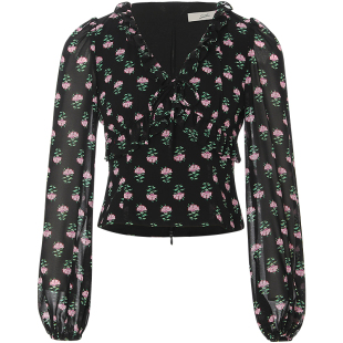 sincethen雪纺长袖v领碎花衬衫夏季掐腰小衫法式小短款收腰上衣女