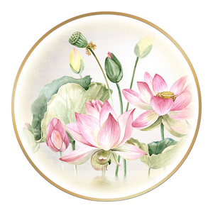 新中式荷花带灯装饰画入户玄关背景墙圆形挂画餐厅led灯发光壁画