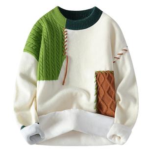 加绒加厚圆领拼色毛衣男冬季学生宽松套头毛线衣青少年针织打底衫
