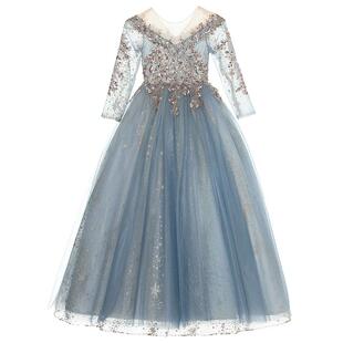 儿童晚礼服秋冬长袖女童公主裙高端小主持人钢琴演出服生日蓬蓬纱