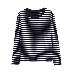 春秋大码女装黑白条纹打底衫宽松显瘦胖mm长袖t恤内搭纯棉上衣服
