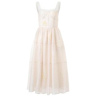 MAXRIENY绣花仙气方领连衣裙甜美田园暗纹提花a摆端庄气质长裙女