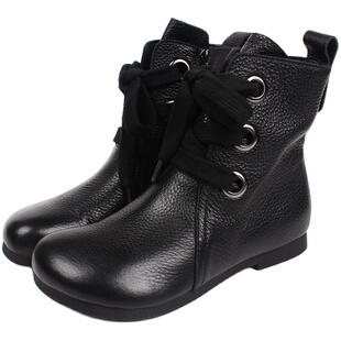 如影新款牛皮短靴女侧拉链低跟真皮中筒女靴子秋冬休闲绑带皮靴女