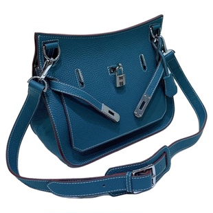 真皮铂金包荔枝纹头层牛皮孔雀蓝单肩斜挎包塔形包大号吉普赛女包