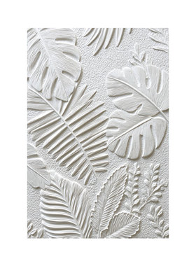 立体肌理浮雕装饰画纯白植物叶客厅玄关砂岩质感挂画现代艺术壁画