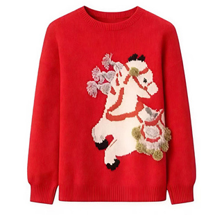 高圆圆同款红色小马手工刺绣毛衣路透本命年新年圣诞穿搭冬季上衣