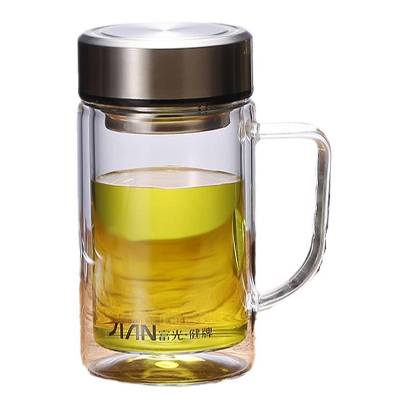 富光雙層玻璃杯大容量帶把手家用水杯子帶蓋有濾網(wǎng)泡茶辦公杯刻字