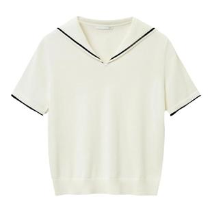 OVV春夏热卖女装丝棉混纺海军领撞色边饰短袖针织衫