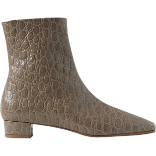 【38开门红】BY FAR Este 女藕灰色仿鳄鱼纹皮革方头粗跟踝靴