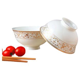 正宗景德镇高档骨质瓷太阳岛植物花卉高脚碗金边饭碗防烫饭碗面碗