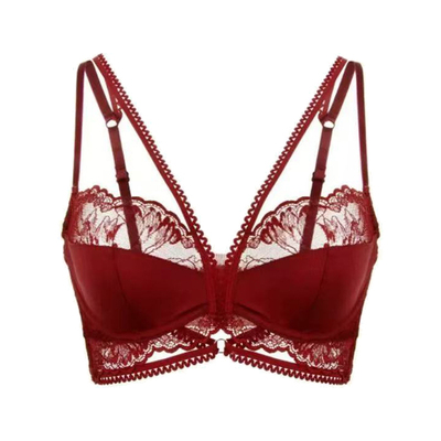 红色本命年法式超薄款蕾丝内衣女软钢圈大胸显小新娘结婚文胸套装