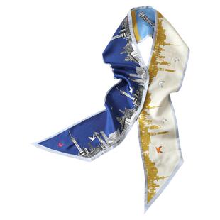 艺术潮搭配饰！斜纹桑蚕丝城市风光印花细条丝巾装饰领巾KAKA特惠