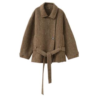 popchrio◆松弛感花式羊毛双面呢短款大衣加厚小个子毛呢外套女冬