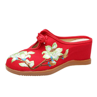 高跟布拖鞋老北京布鞋厚底包头布拖鞋亚麻中式民族风绣花拖鞋室内