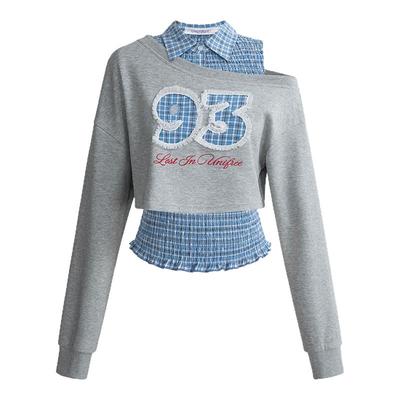 UNIFREE灰色斜肩辣妹长袖卫衣25年秋衬衫式背心叠穿撞色两件套装