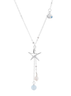 S925纯银海蓝宝海星珍珠流苏项链