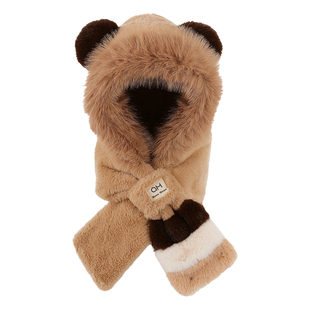 小熊毛绒帽子围巾一体男毛茸茸冬天保暖连帽围脖护耳骑车防寒头套