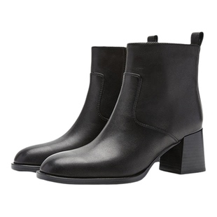 Nine West/玖熙通勤风粗跟短靴女黑色真皮时装靴显瘦舒适简约女靴