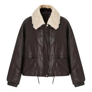 SeRinaBlue2025冬季新款防风保暖白色毛领PU皮女士短款羽绒服外套