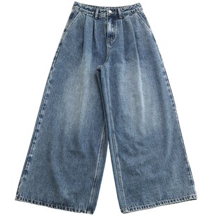 鹿与飞鸟“丹宁旧刊”高棉混纺水洗蓝复古休闲宽松阔腿牛仔裤6973