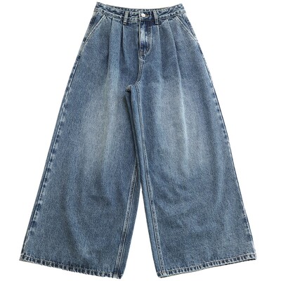复古水洗蓝休闲宽松阔腿牛仔裤
