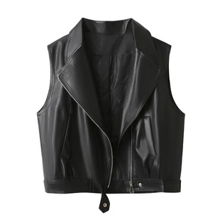 欧货机车夹克皮衣马甲短外套女春秋季设计感无袖pu皮小众坎肩马夹