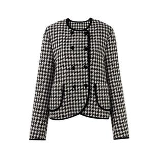 秋水伊人经典宽松箱型圆领千鸟格纹棉服冬季2025新款女赫本风外套