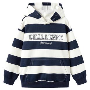森马儿童连帽卫衣撞色条纹校园风秋装男童字母绣花上衣宽松时尚潮