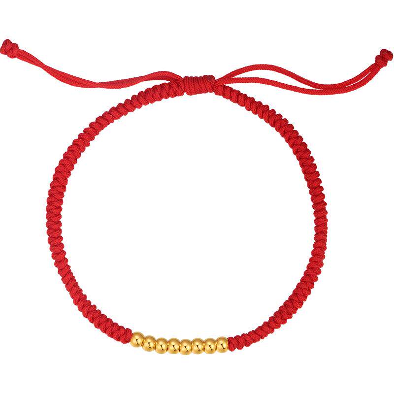 明牌珠宝足金手串 黄金圆珠小金珠红色编织手绳 AFK0148
