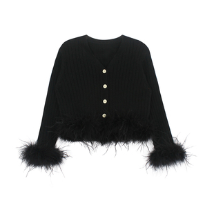 大耳象女童鸵鸟毛下摆毛衣开衫冬季新款宝儿百搭v领上衣羊毛混纺