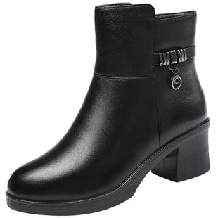 强人3515女鞋真皮短靴高跟粗跟棉鞋女冬季加绒加厚羊毛保暖马丁鞋