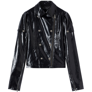 DIONYS*猎装开衩袖子双排扣铆钉皮衣修身短款夹克外套