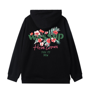 WASSUP花朵绽放美式重磅卫衣男女款秋冬加绒潮流百搭情侣连帽上衣