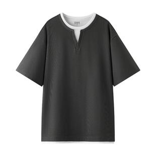 [商场同款]森马短袖T恤男V领假两件上衣华夫格2025新款夏季拼色潮