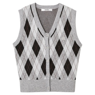 SNIDEL2025秋冬新品时尚复古V领无袖格纹针织背心上衣SWNT254283