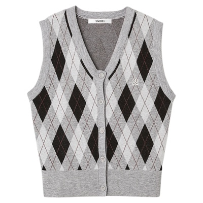 SNIDEL2025秋冬新品时尚复古V领无袖格纹针织背心上衣SWNT254283