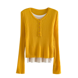 假俩件短款长袖针织衫女春秋季新款时尚修身显瘦休闲百搭毛衣上衣