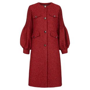 sdeer圣迪奥冬装女装圆领格纹压褶灯笼袖大衣式羽绒服S234Z2481