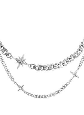 双层叠戴星芒项链男款潮流高级感男士钛钢古巴链子嘻哈潮流男配饰