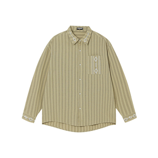 FORNINES复古民族风竖条纹纯棉长袖衬衫男女潮牌上衣春秋美式外套