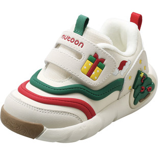 牧童男童运动鞋2025冬季新款圣诞风儿童毛毛虫童鞋女轻便加绒棉鞋