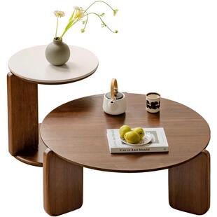 源氏木语实木岩板茶几北欧客厅沙发边几小型圆形茶台黑胡桃木茶桌