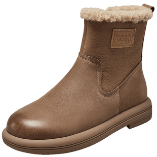 意尔康真皮加绒加厚短靴女2025冬款保暖棉鞋防滑防水中筒靴雪地靴