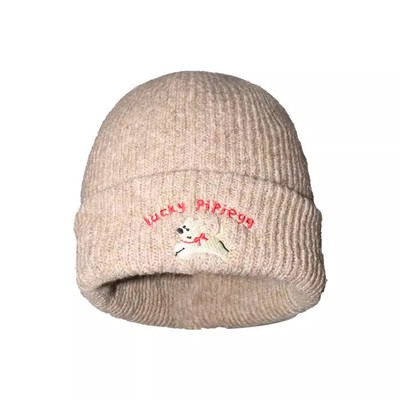 小狗刺绣针织毛线帽帽子女2025年新款秋冬季显脸小大头围白色防寒