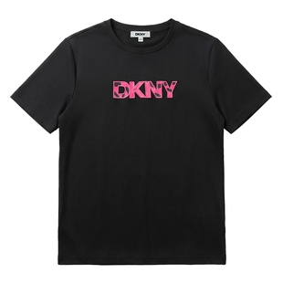 DKNY唐可娜儿26短袖T恤衫女贴布绣圆领纯黑色上衣百搭简约休闲风