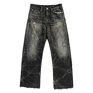 WIROTE威络 闪电黑牛泥染扎花旧化水洗 宽松小A字赤耳牛仔裤