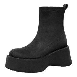 星期六厚底增高弹力布短靴女2025秋冬新款圆头高跟瘦瘦靴百搭女靴