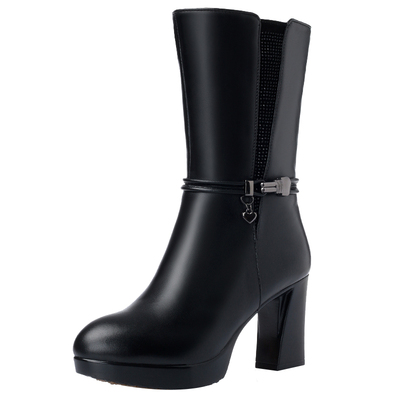 冬季中筒靴加绒加厚高跟