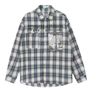 咕咕白 美式复古街头印花格子衬衫男女设计感宽松情侣半袖上衣潮