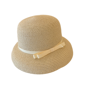 赫本风蝴蝶结礼帽女夏季防晒遮阳渔夫帽子度假风海边显脸小草帽潮